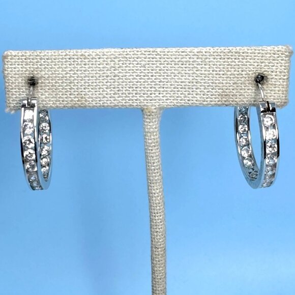 VTG Sterling Silver 925 Cubic Zirconia Channel Set Hoop Earrings Size 1'' Length - Picture 2 of 7
